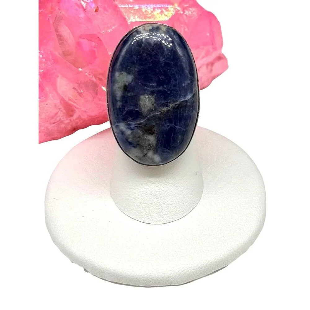 Sodalite Ring Size 5 925 Sterling Silver Overlay Chunky Oval Stone